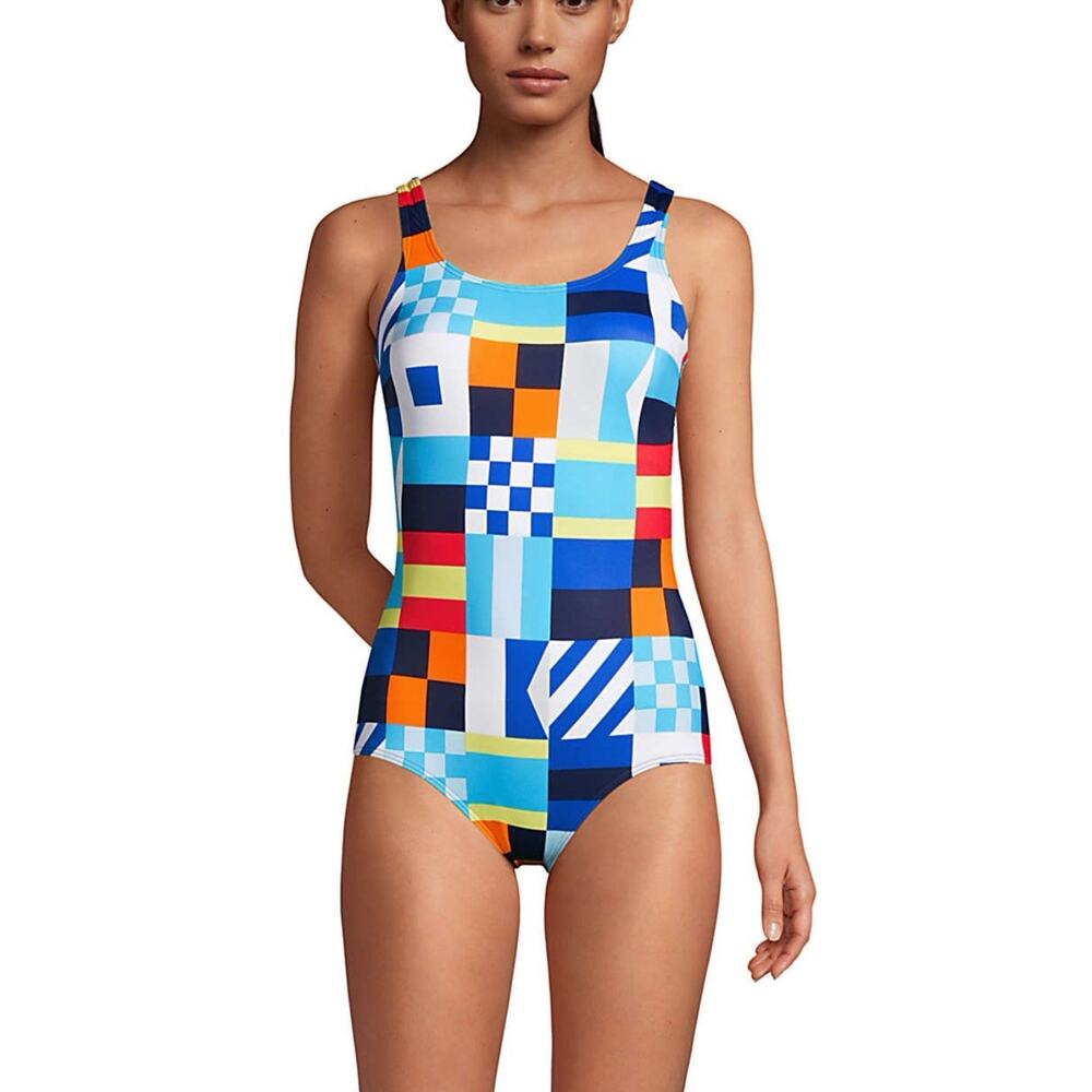 LANDS END Y2K-Style Nautical Flag Lycra One Piece Bathing Suit Swimsuit 14 NWT